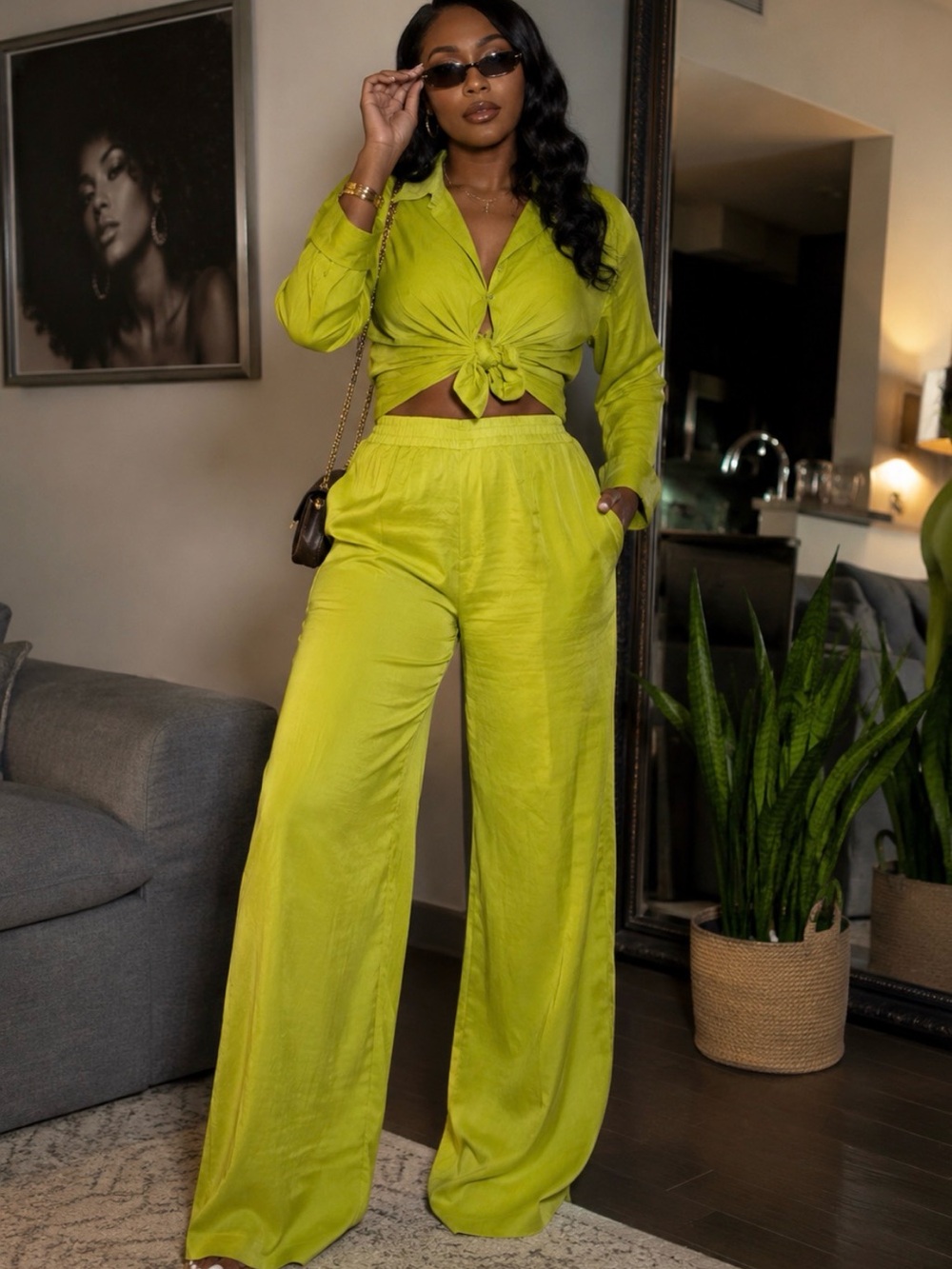 Two-Piece Lime Green Wide-Leg Pants Set